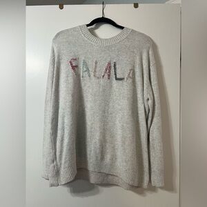 LOFT Gray Sweater with Multicolor 'FALALA' Design